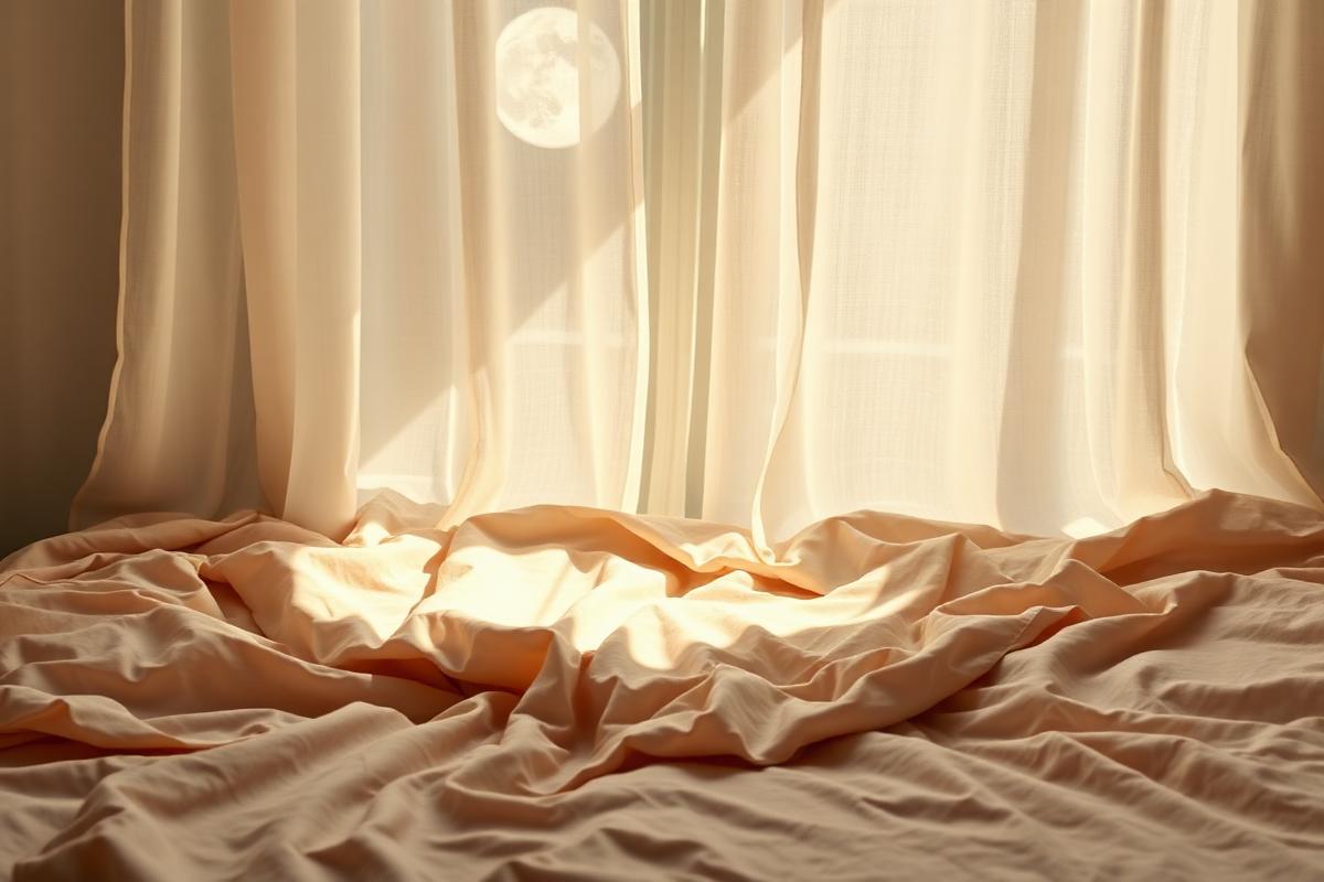 Moonlight through sheer curtains onto a rumpled linen bed.